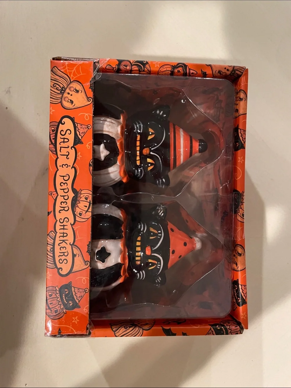 Halloween Black Cat Salt & Pepper Shaker Set - Orange & Black